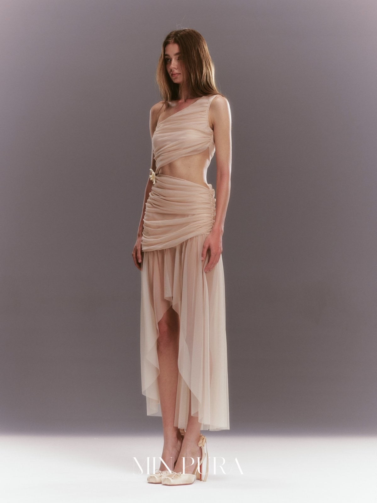 MIN PURA: One-Shoulder Dress with Slimming Waist-Cinching Bodycon Skirt Panel