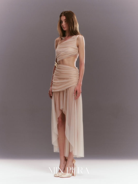 MIN PURA: One-Shoulder Dress with Slimming Waist-Cinching Bodycon Skirt Panel