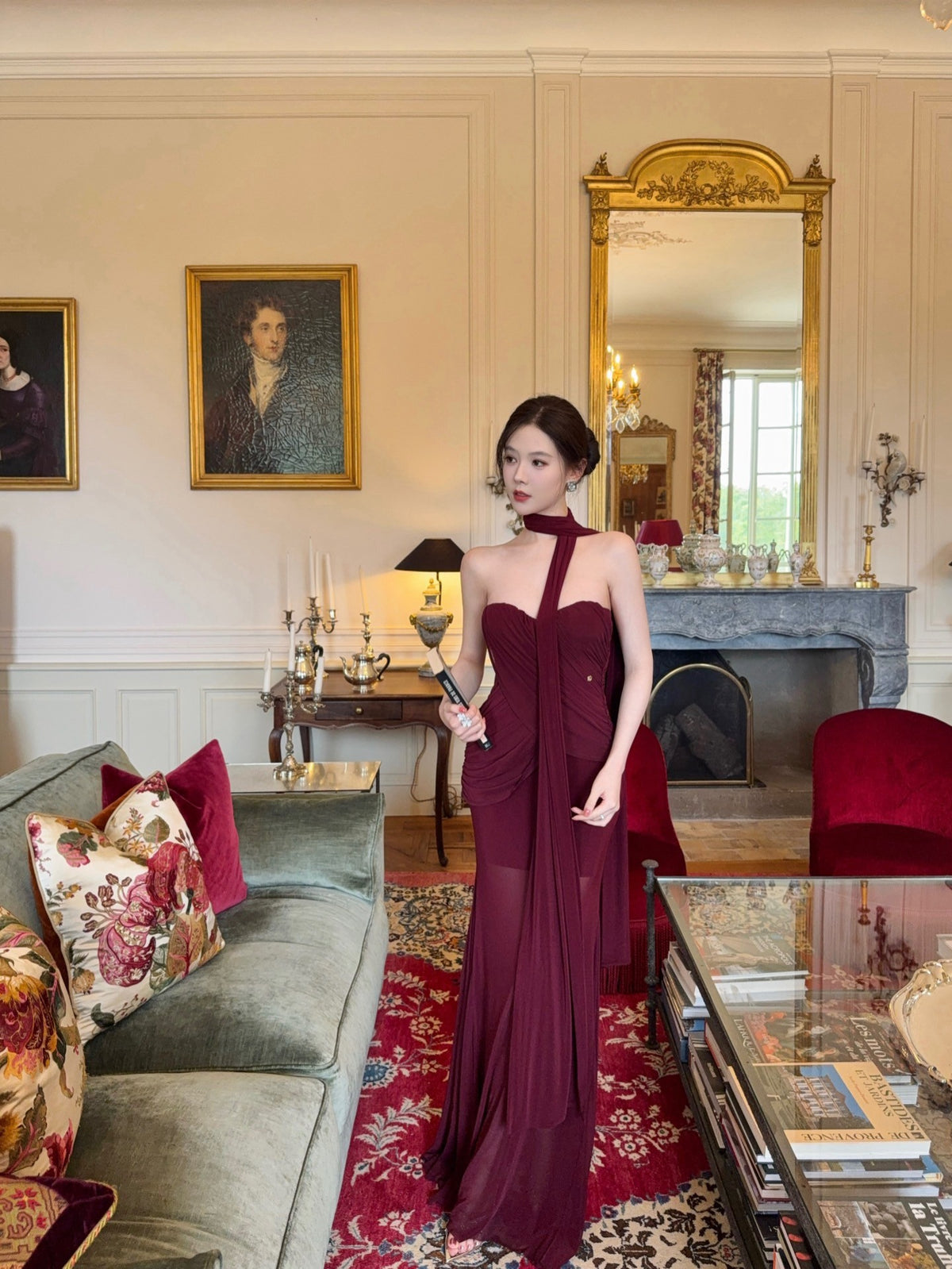 Sheer Luck Kira Mesh Ribbon Slim-Fit Ruched Fishtail Maxi Dress (Ankara Red)