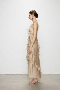 Artel Retro Wave Kiss Light Brown Ruffled High-Slit Dress