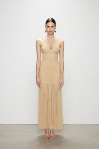 Artel Retro Halter Beige Mesh Midi Dress