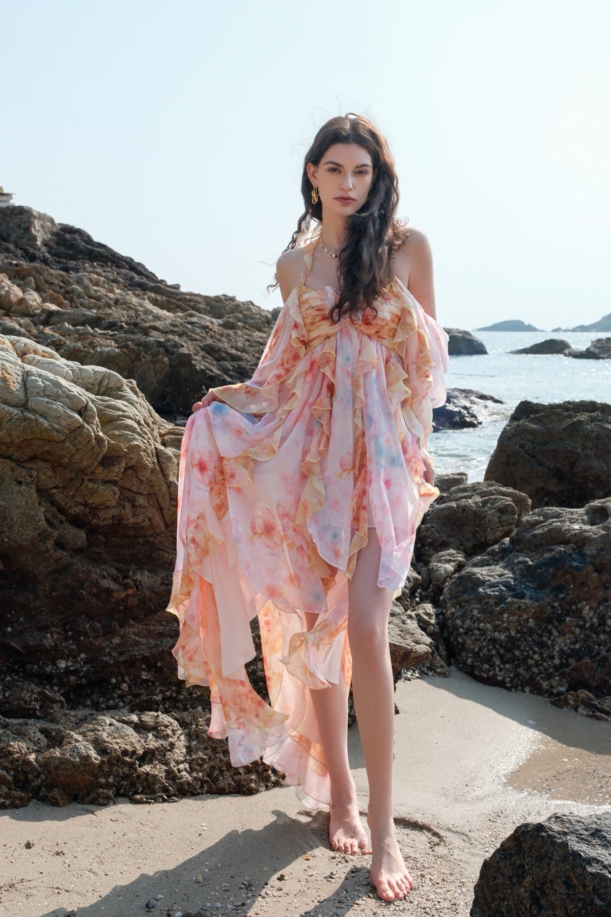 Sheer Luck Guggi Vacation Print Layered Halter Cami Dress