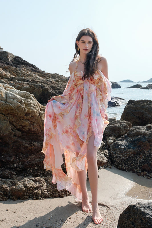 Sheer Luck Guggi Vacation Print Layered Halter Cami Dress