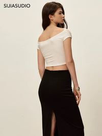 SIJIA白色一字肩褶皱网纱修身T恤