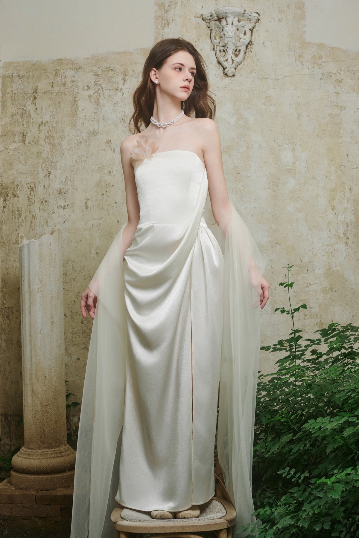 CROWCREW White Oriole Morning Mist Strapless Maxi Dress