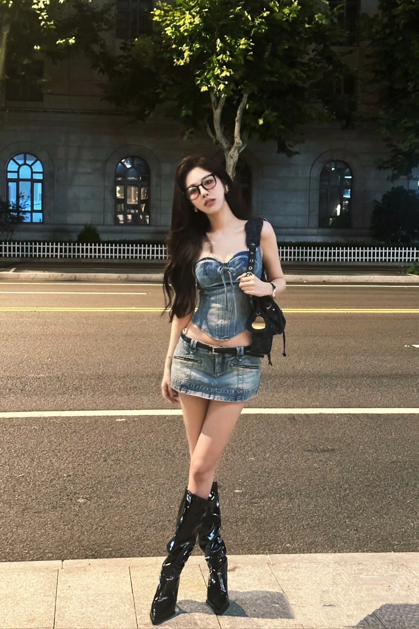 LSOUL牛仔低腰Skirt吊带紧身corse束腰套装