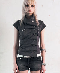 NOTKNOWING Drape Button Shirring Top (GREY)