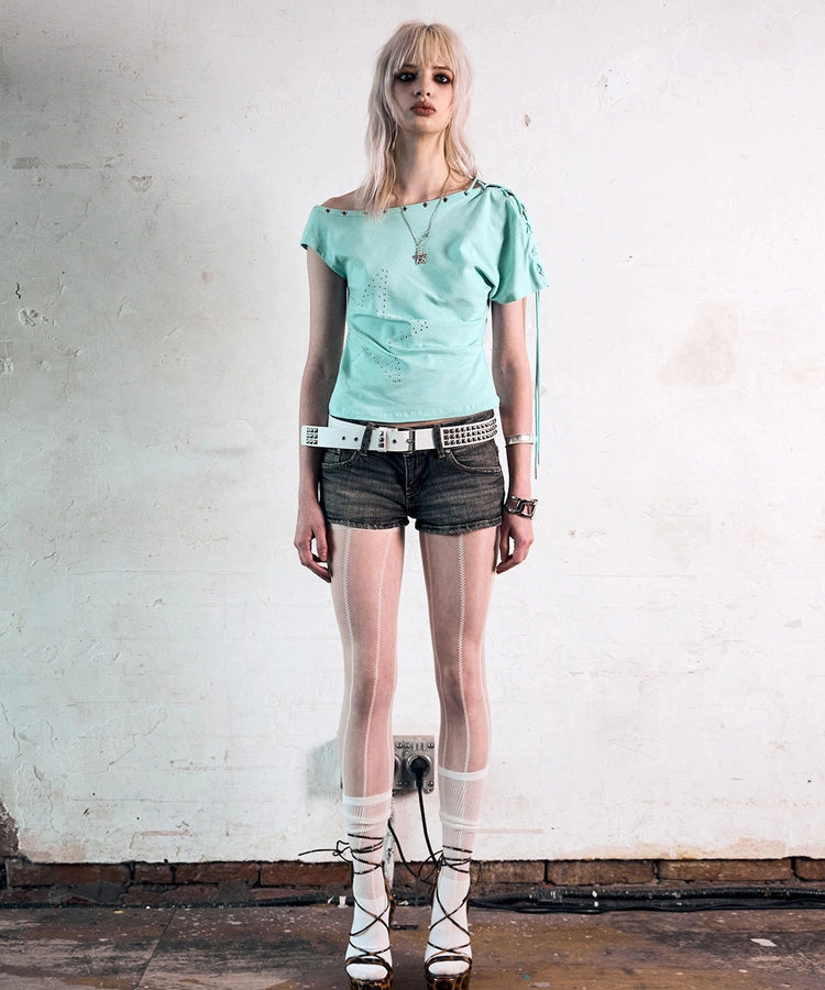 NOTKNOWING One Shoulder Lace Up Top (MINT)