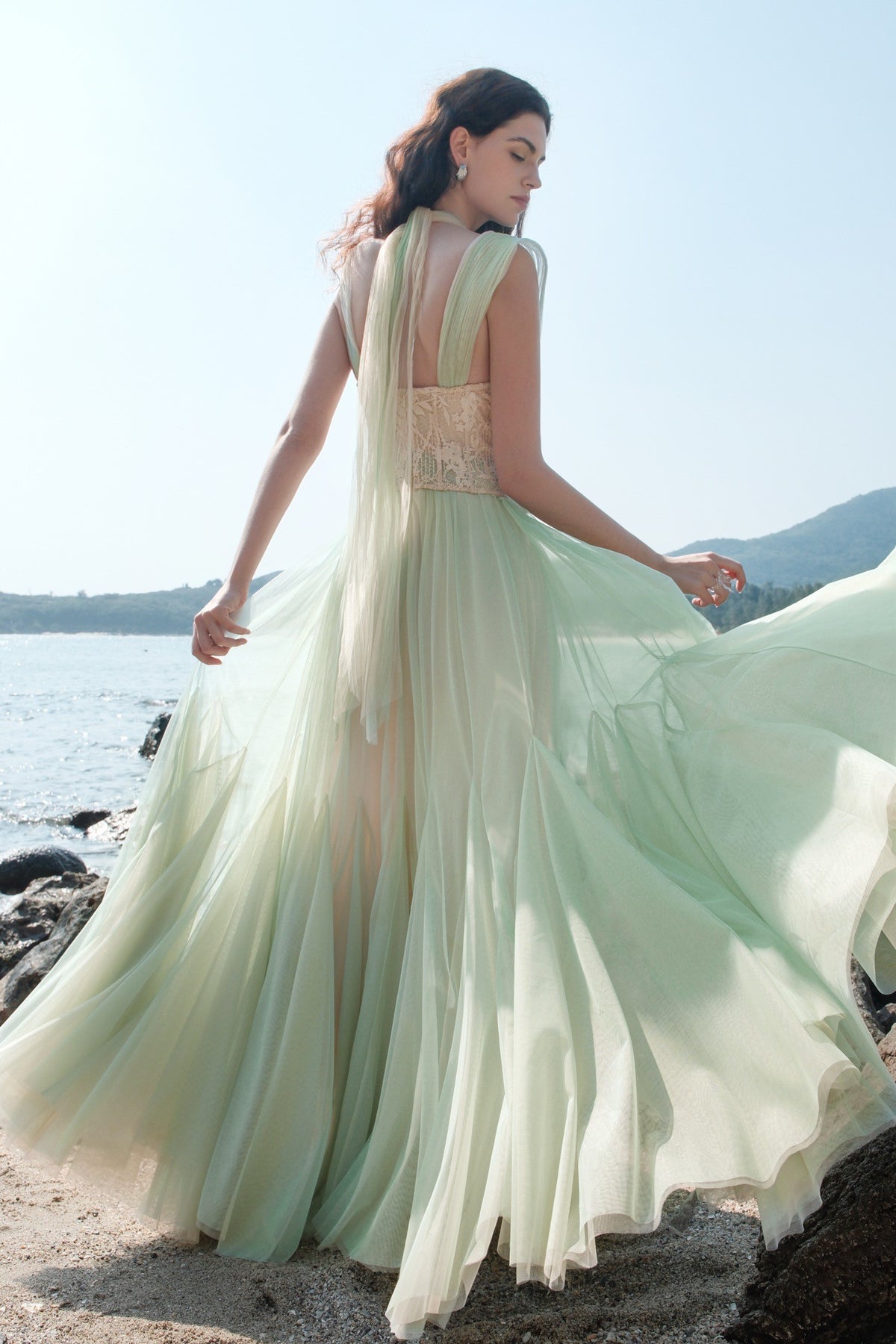 Sheer Luck Tidal Heavy Lace Corset Tulle Dress (Green)