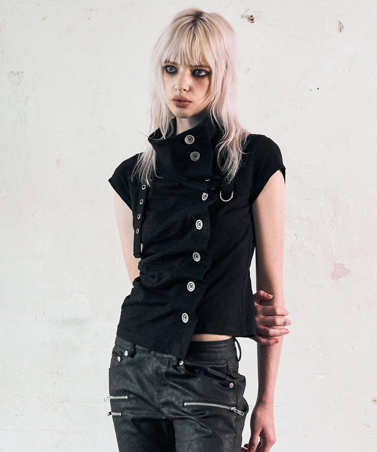 NOTKNOWING Drape Button Shirring Top (BLACK)