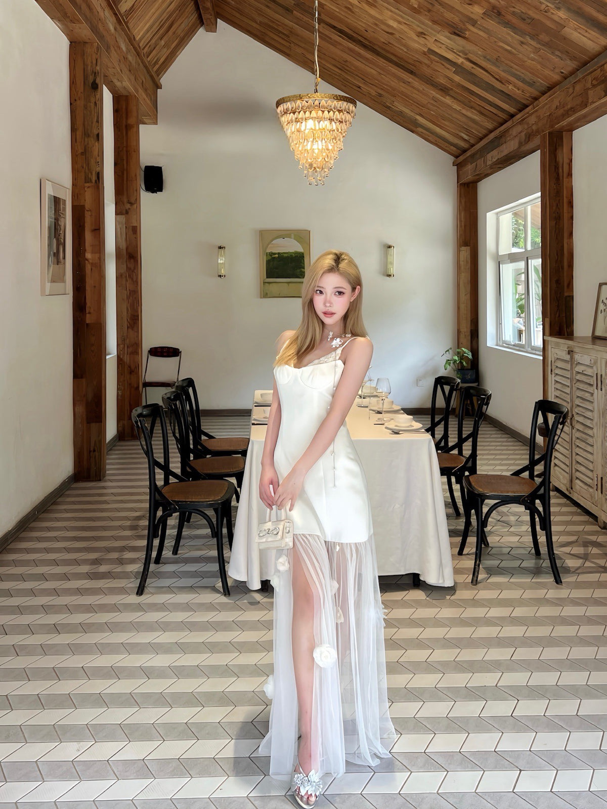 Fa Sogno White Camellia Shadow Formal Tulle Slip Maxi Dress product image 2