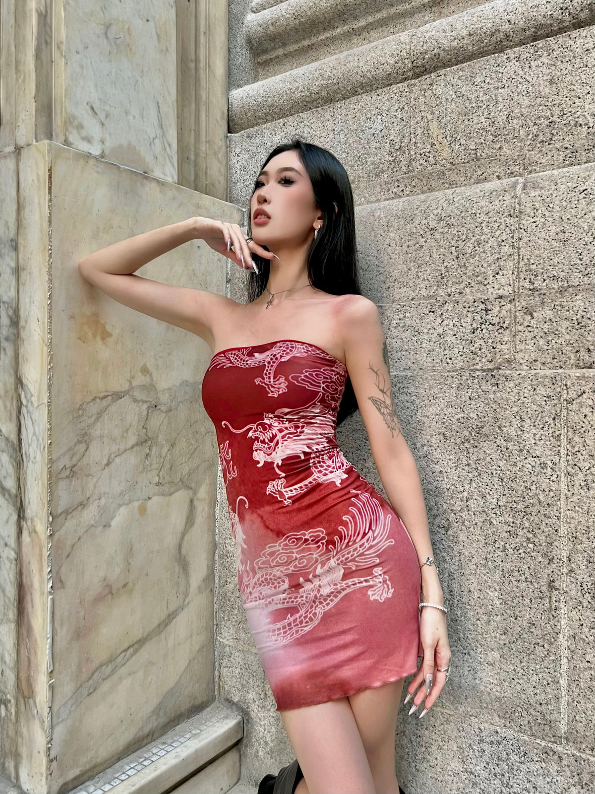 Dragon Printed Sheath Stretch Mini Dress
