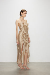 Artel Retro Wave Kiss Light Brown Ruffled High-Slit Dress