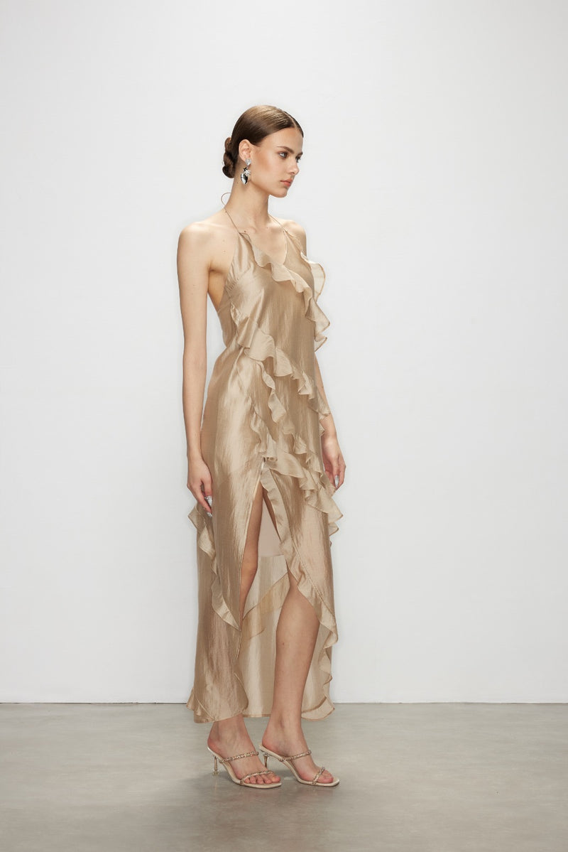 Artel Retro Wave Kiss Light Brown Ruffled High-Slit Dress