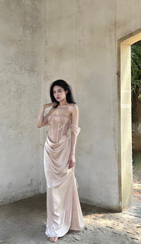 CROWCREW Gilded Double-Layer Fishbone Pleated Dress