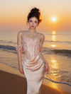 CROWCREW Gilded Double-Layer Fishbone Pleated Dress