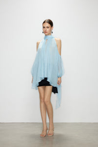 Artel Retro Light  Blue Off-Shoulder Ribbon Top