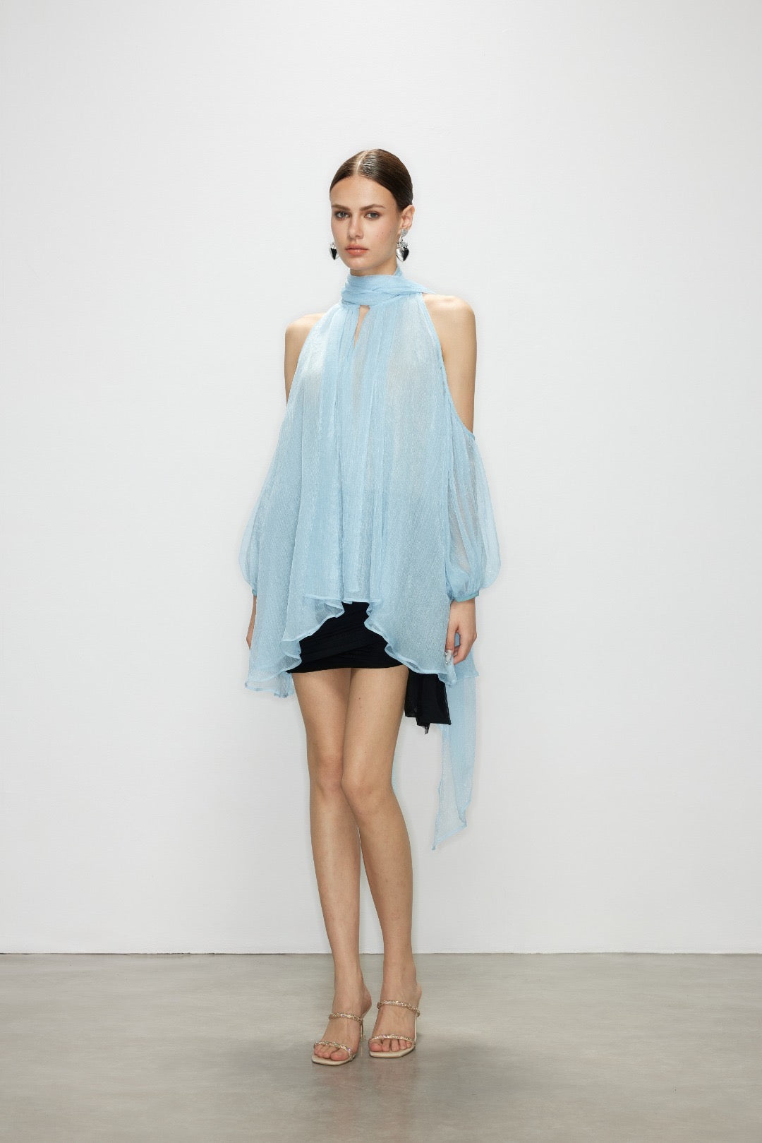 Artel Retro Light  Blue Off-Shoulder Ribbon Top