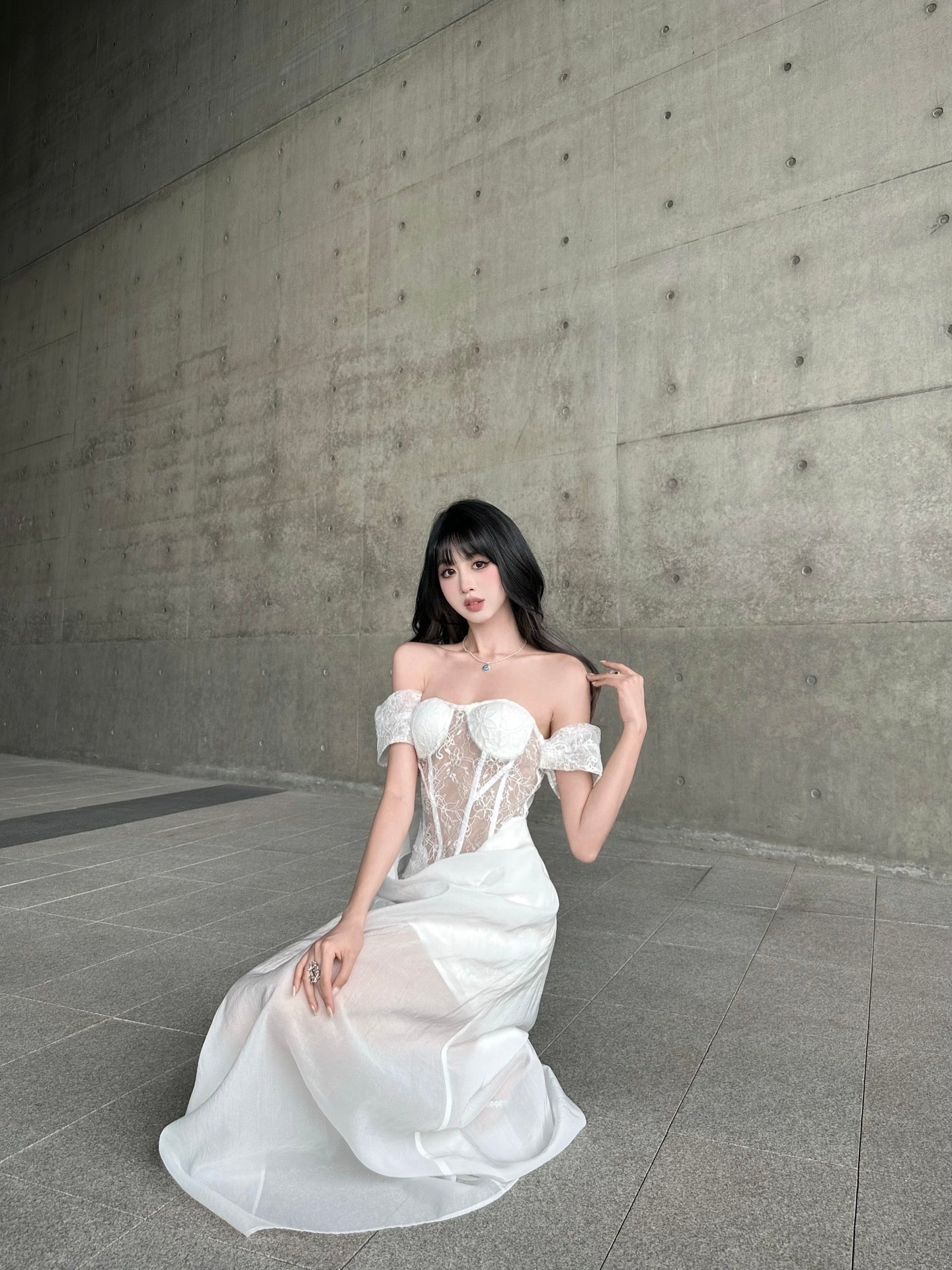 CROWCREW White Mist Fishbone Double-Layer Dress
