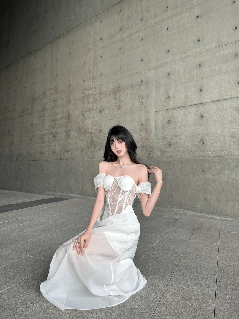 CROWCREW White Mist Fishbone Double-Layer Dress
