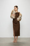 Artel Retro Brown Off-Shoulder Long Split  Midi Dress