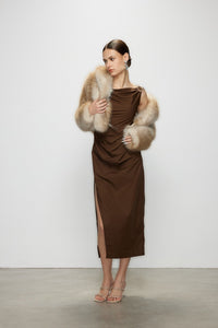 Artel Retro Brown Off-Shoulder Long Split  Midi Dress