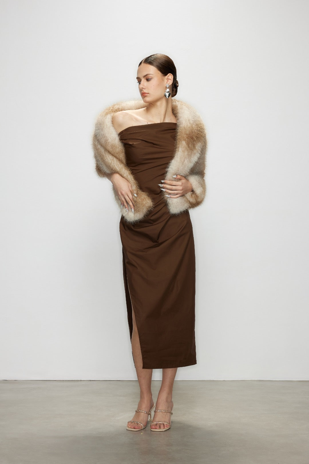 Artel Retro Brown Off-Shoulder Long Split  Midi Dress