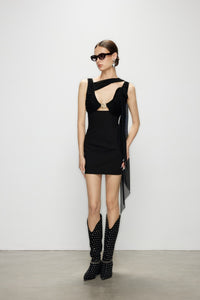 Artel Retro Sheer Black Ribbon V-Neck Fitted Dress