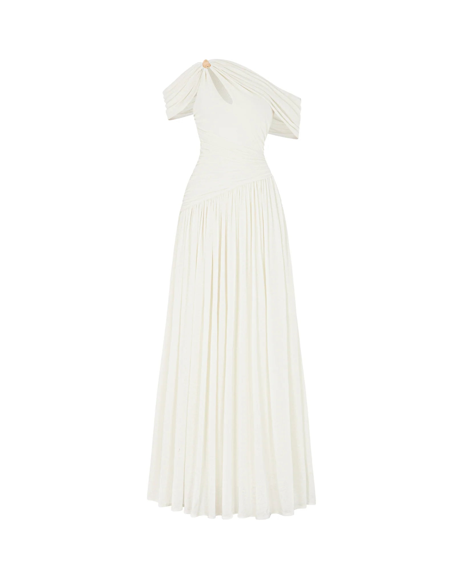 MOLLYNISTA Pleated Draped Shoulder Dress (white)