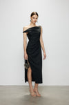 Artel Retro Black Off-Shoulder Long Split-Hem Midi Dress
