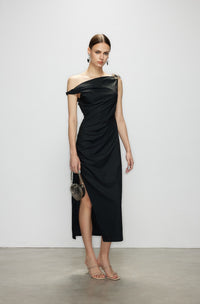 Artel Retro Black Off-Shoulder Long Split-Hem Midi Dress
