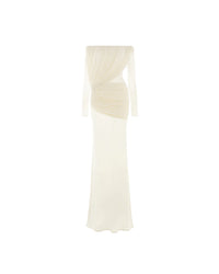MOLLYNISTA Off-Shoulder Draped Mesh Dress (white)
