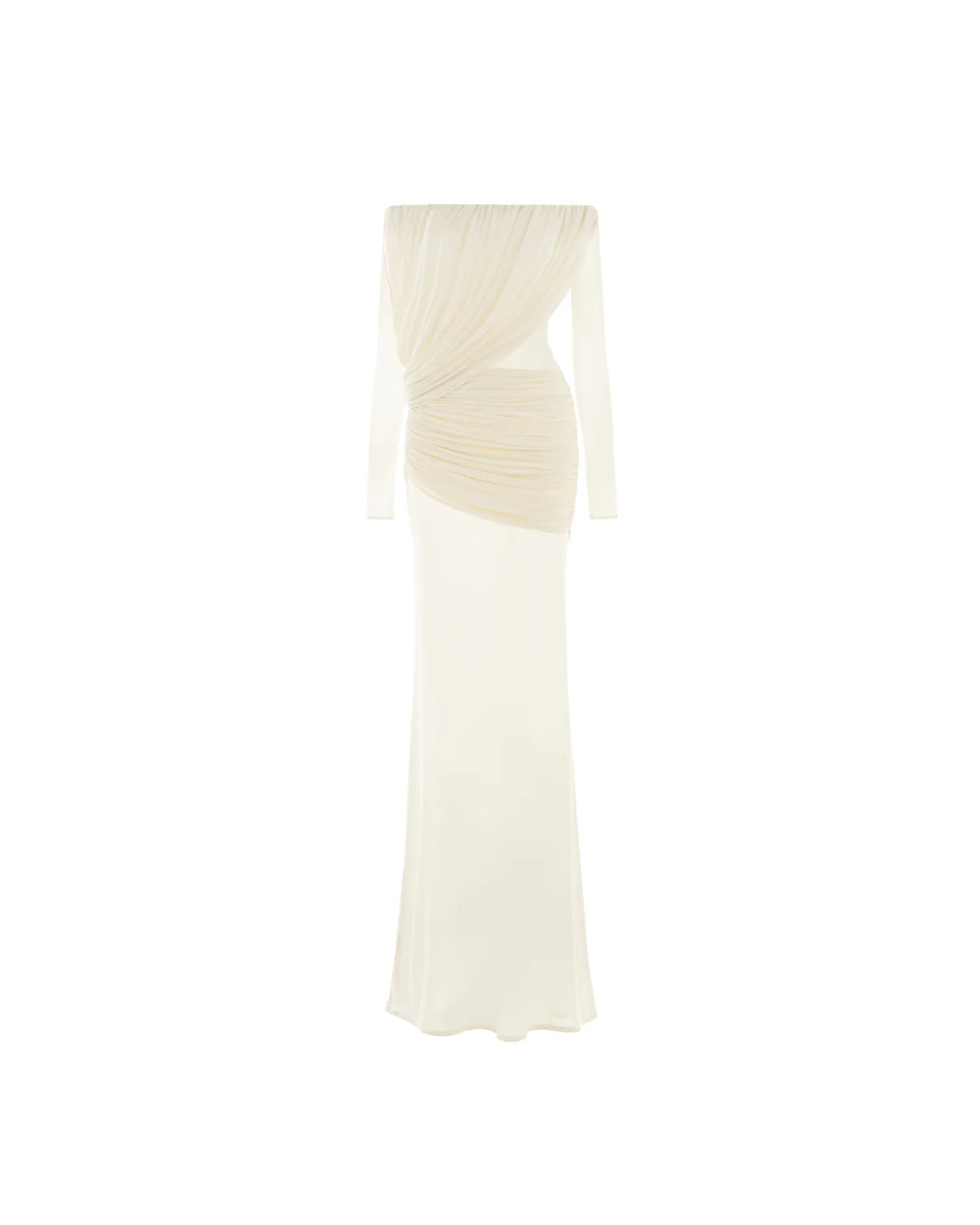 MOLLYNISTA Off-Shoulder Draped Mesh Dress (white)