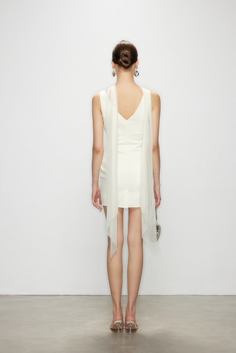 Artel Retro Sheer White Ribbon V-Neck Fitted Dress
