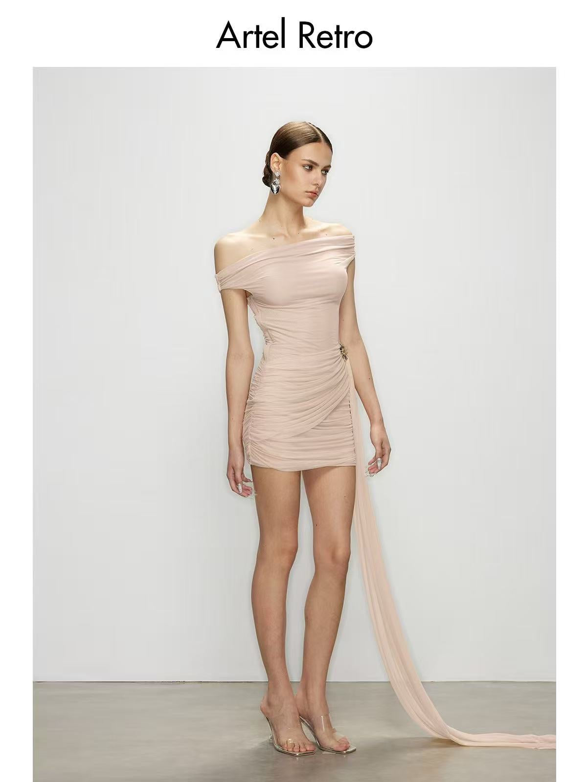 Artel Retro Sheer Off-Shoulder Pink Mini Dress
