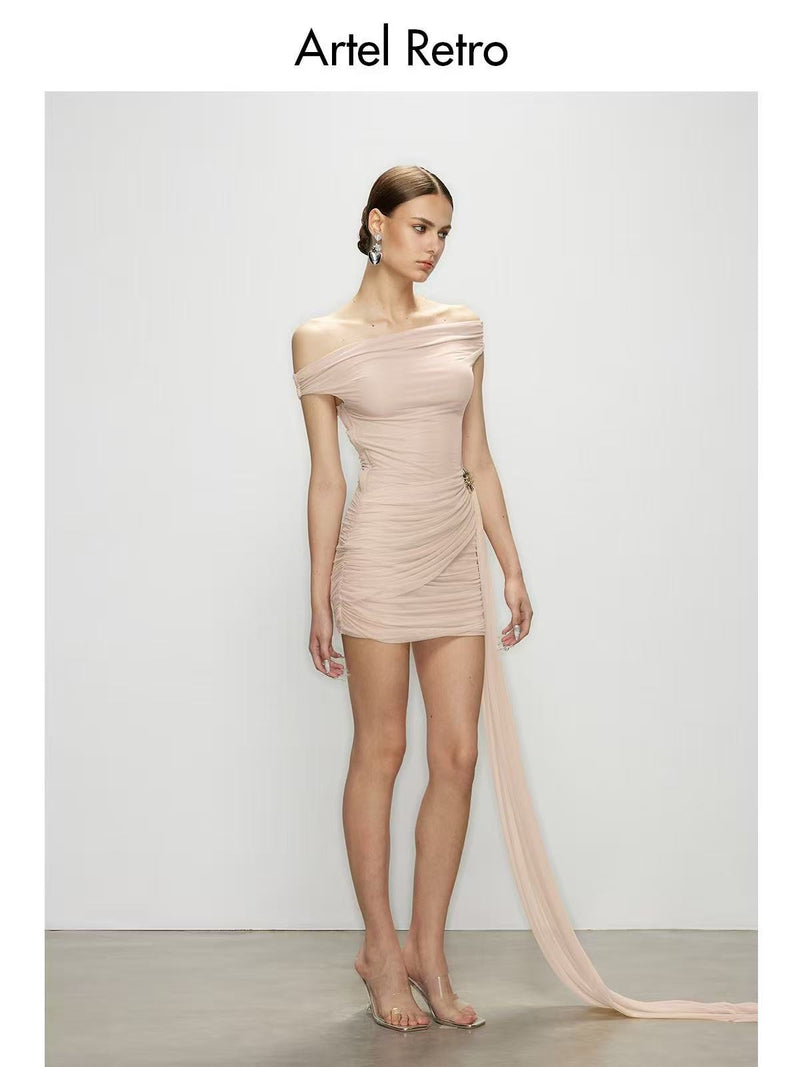 Artel Retro Sheer Off-Shoulder Pink Mini Dress