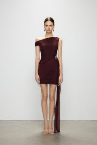 Artel Retro Sheer Deep Red Off-shoulder Mini  Dress