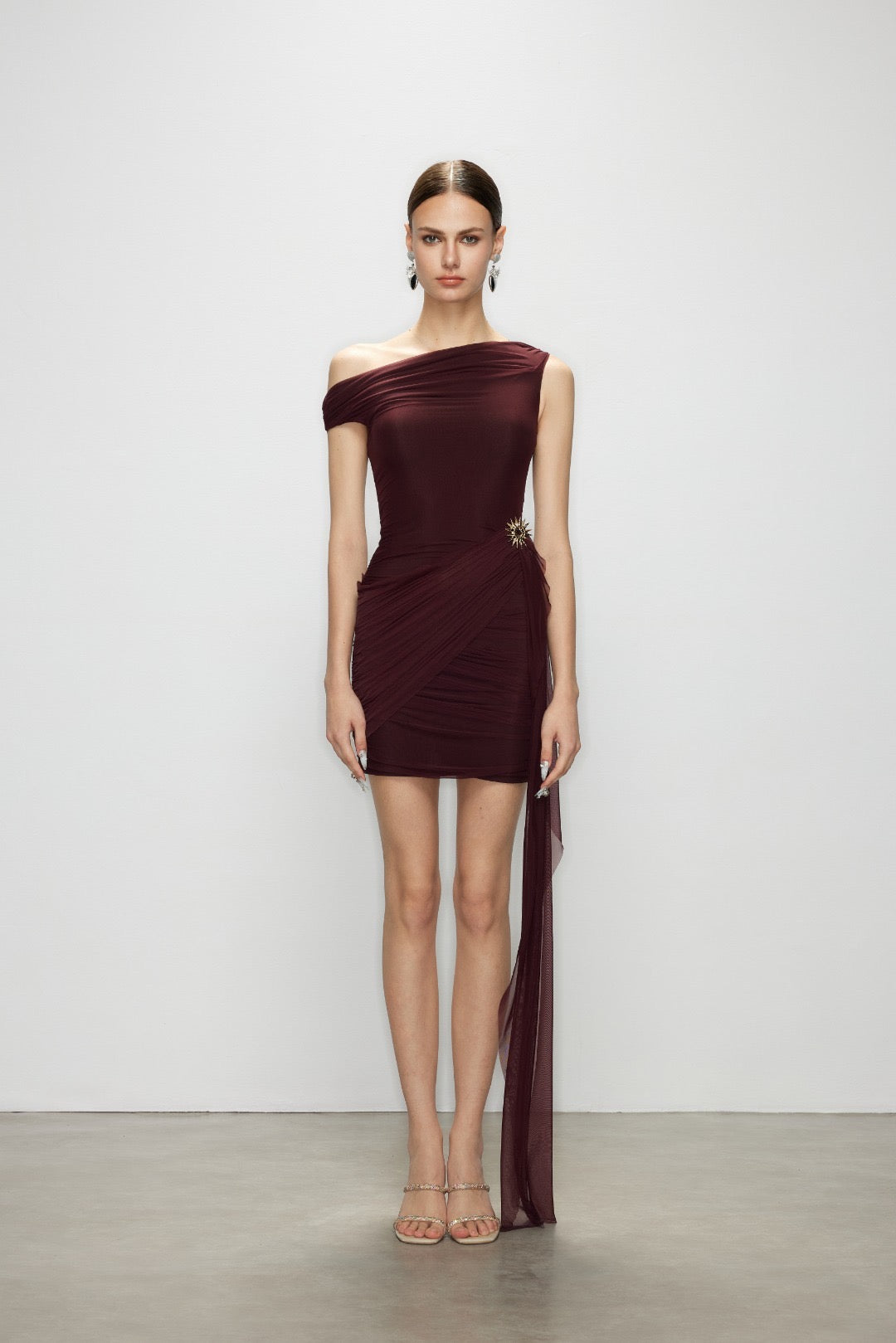 Artel Retro Sheer Deep Red Off-shoulder Mini  Dress