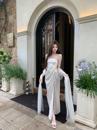 CROWCREW White Oriole Morning Mist Strapless Maxi Dress