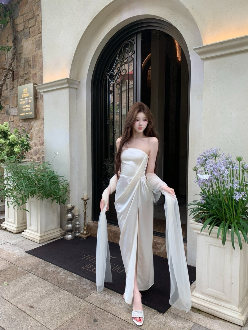 CROWCREW White Oriole Morning Mist Strapless Maxi Dress
