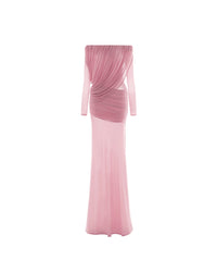 MOLLYNISTA Off-Shoulder Draped Mesh Dress (pink)