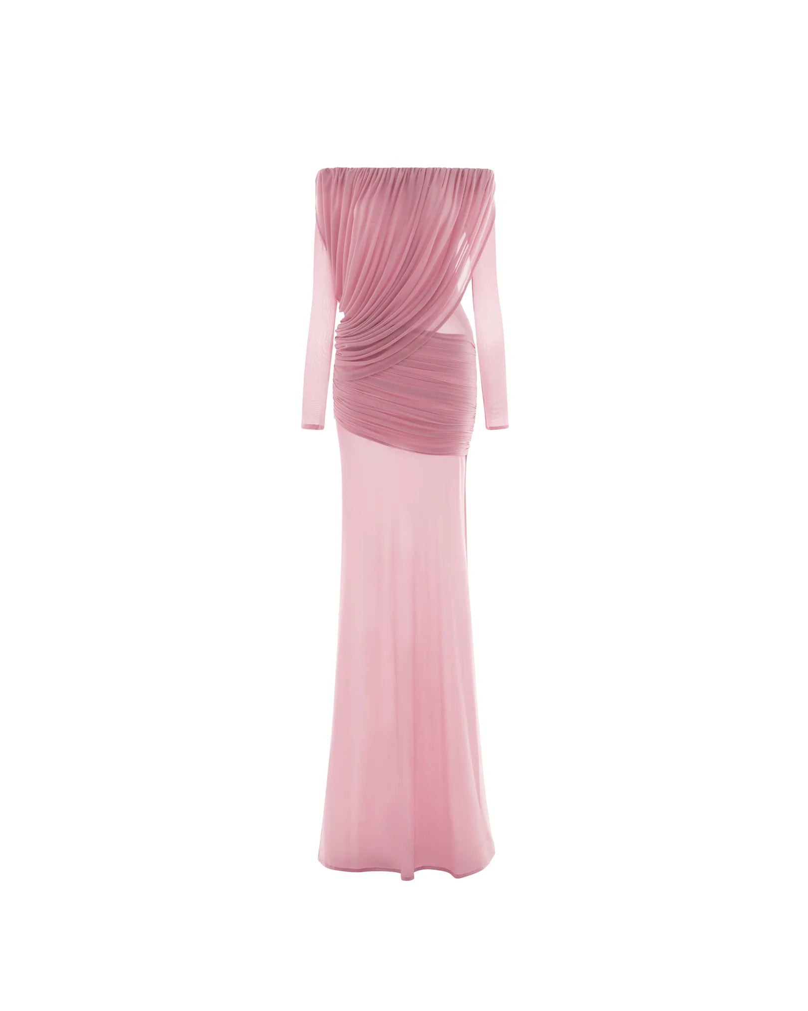 MOLLYNISTA Off-Shoulder Draped Mesh Dress (pink)