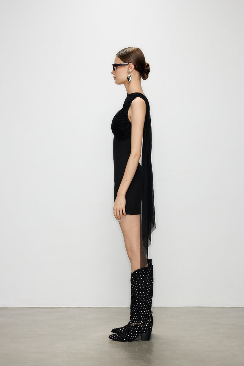 Artel Retro Sheer Black Ribbon V-Neck Fitted Dress