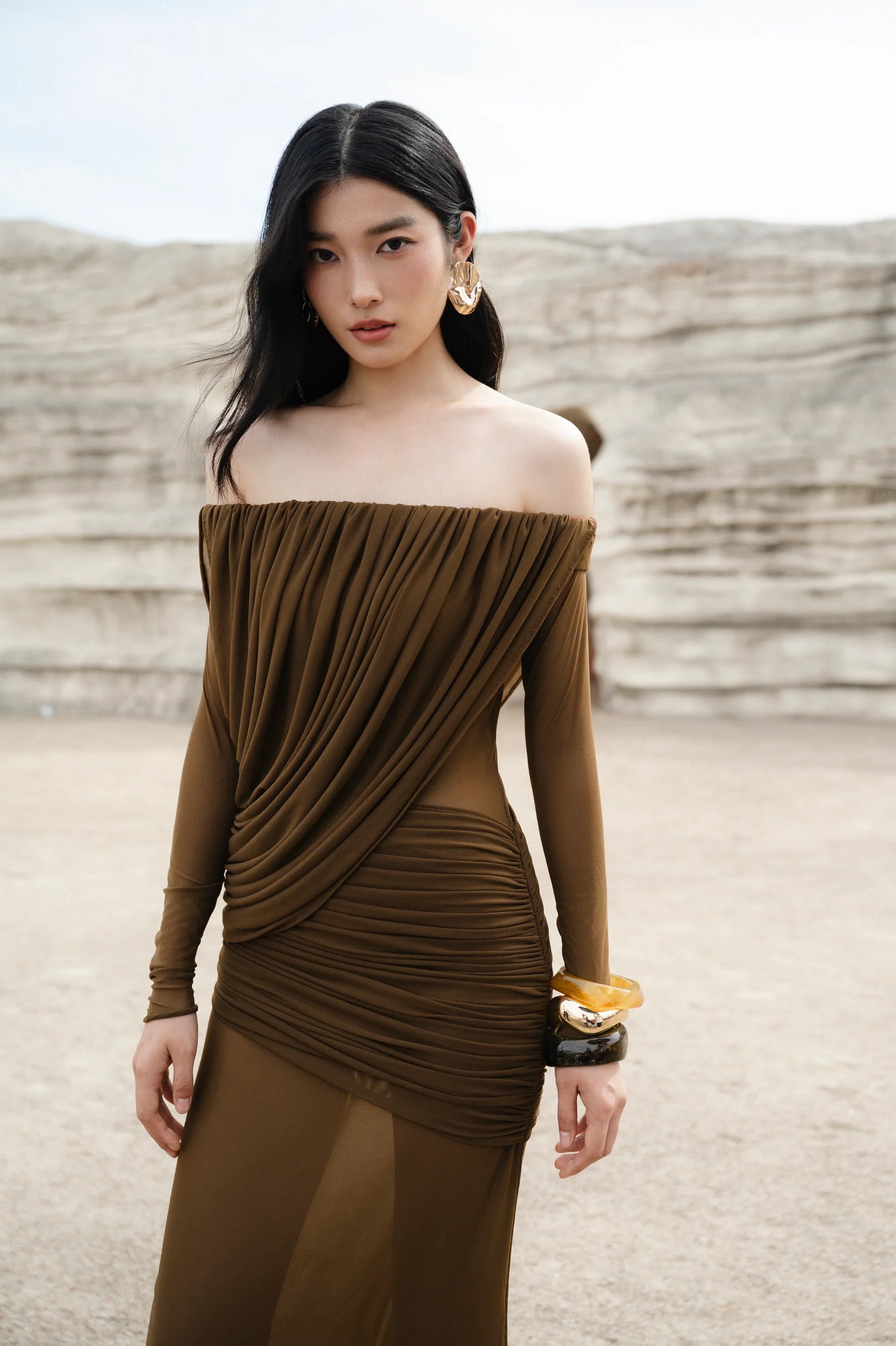 MOLLYNISTA Off-Shoulder Draped Mesh Dress (brown)