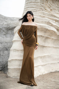 MOLLYNISTA Off-Shoulder Draped Mesh Dress (brown)