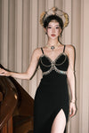 KINGWEN Black Chain Gemstone Halter Dress