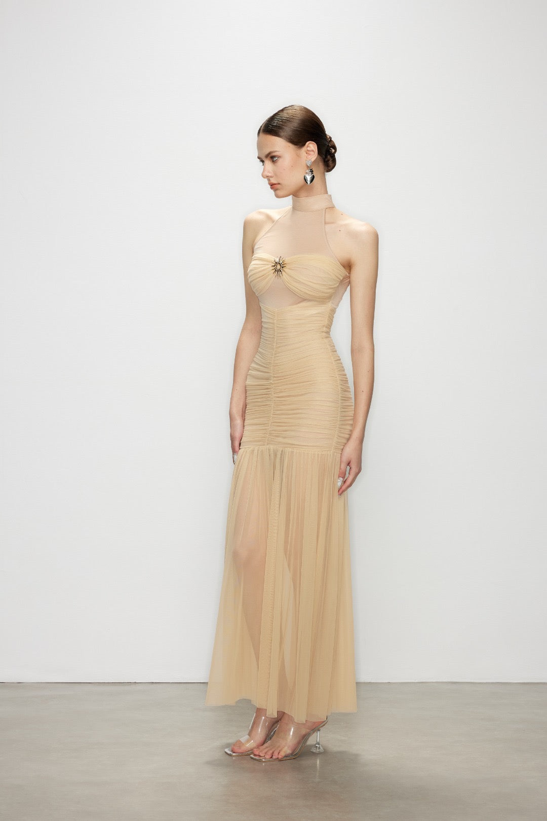 Artel Retro Halter Beige Mesh Midi Dress