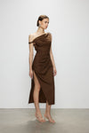 Artel Retro Brown Off-Shoulder Long Split  Midi Dress