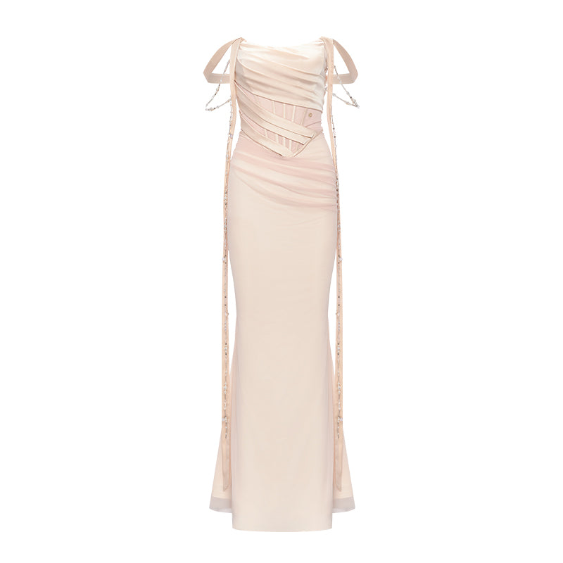 Sheer Luck Marlee Beaded Floral Wrap Hip Fishtail Dress (Light Pink)