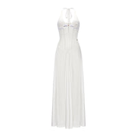Sheer Luck Tasman V-Neck Cutout Waisted Neck Midi Dress (White)